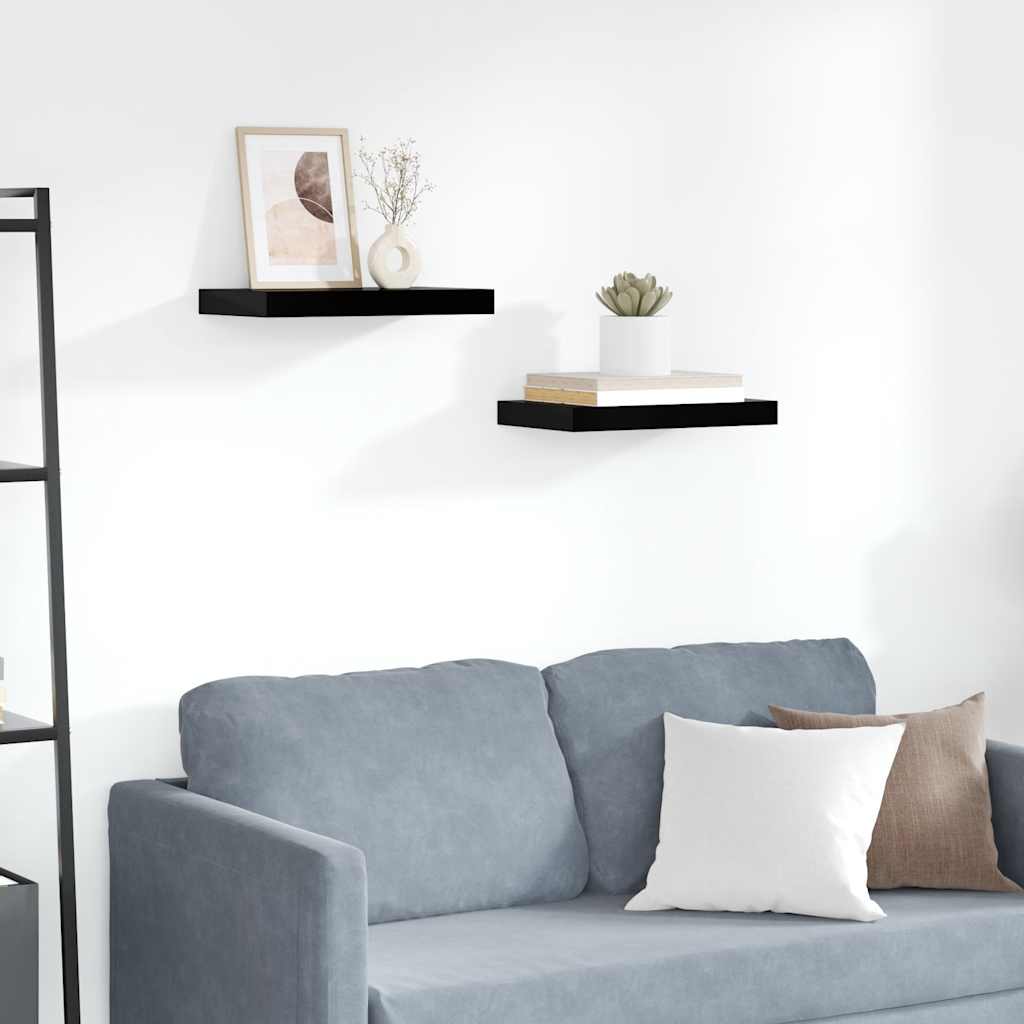 2 db magasfényű fekete MDF lebegő fali polc 40 x 23,5 x 3,8 cm