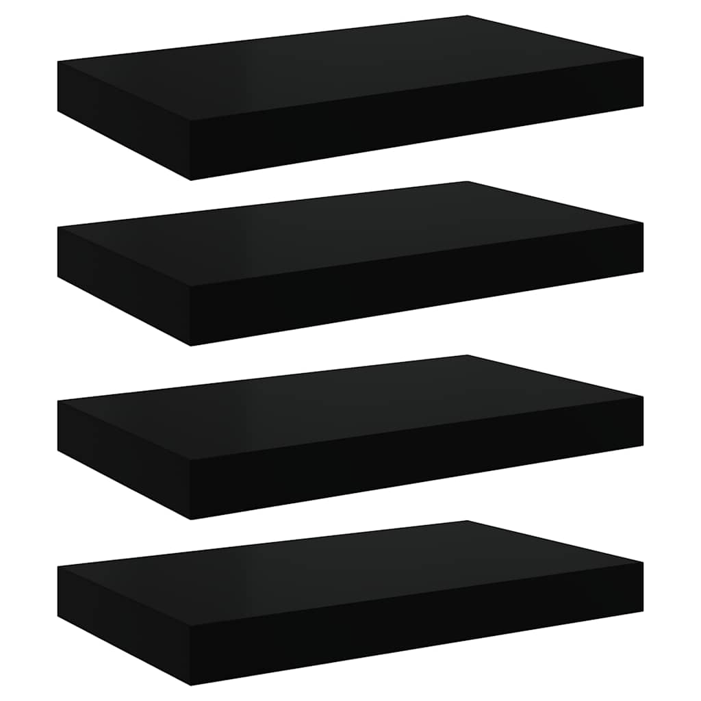 4 db magasfényű fekete MDF lebegő fali polc 40 x 23,5 x 3,8 cm
