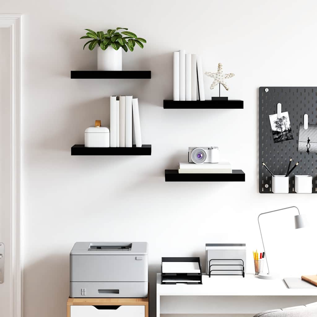 4 db magasfényű fekete MDF lebegő fali polc 40 x 23,5 x 3,8 cm