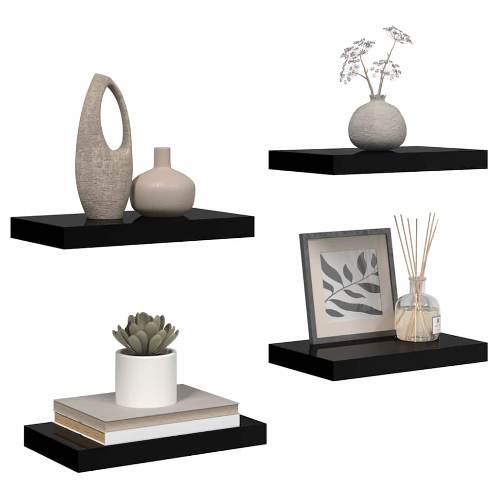 4 db magasfényű fekete MDF lebegő fali polc 40 x 23,5 x 3,8 cm