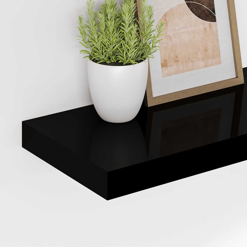 2 db magasfényű fekete MDF lebegő fali polc 50 x 23 x 3,8 cm