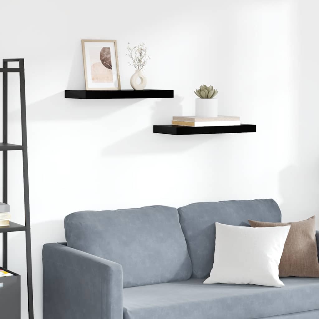 2 db magasfényű fekete MDF lebegő fali polc 50 x 23 x 3,8 cm