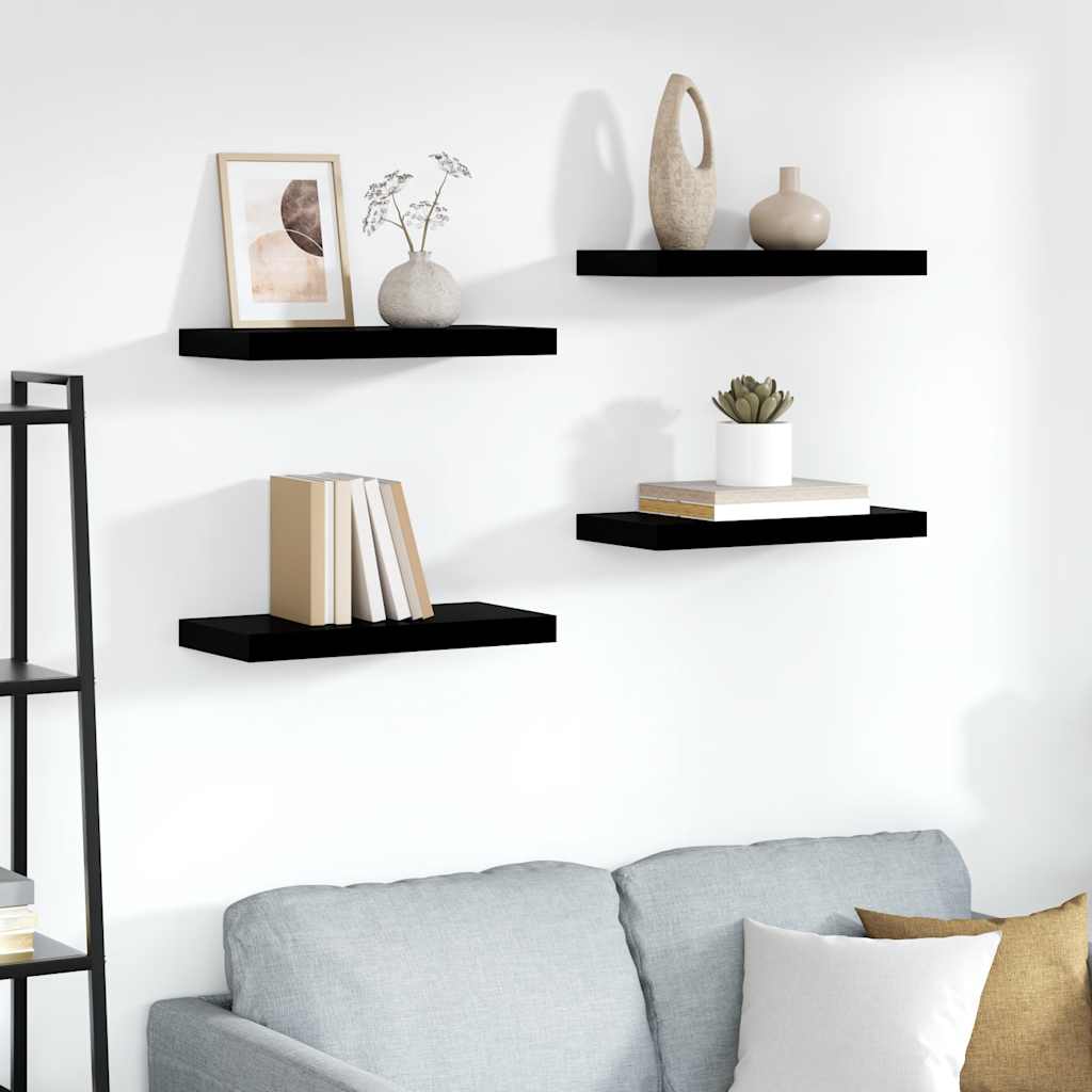4 db magasfényű fekete MDF lebegő fali polc 50 x 23,5 x 3,8 cm