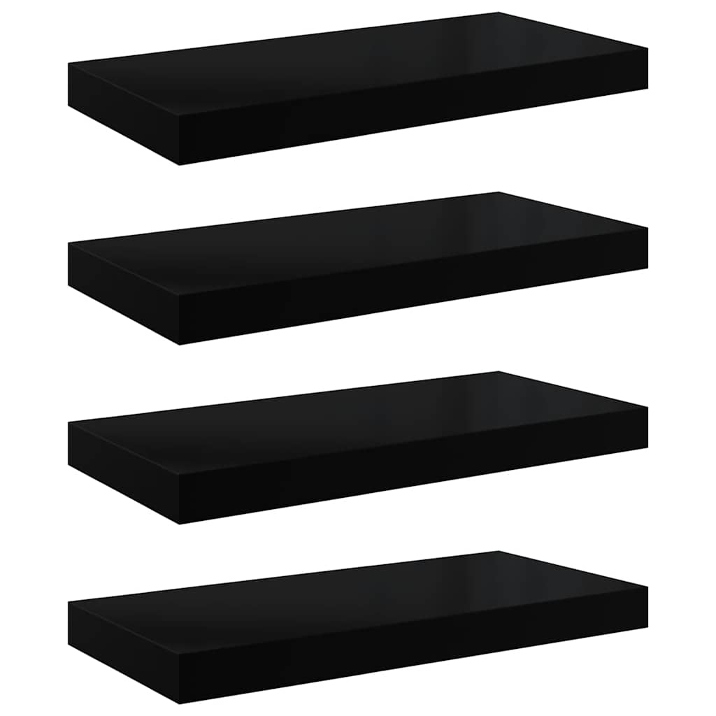 4 db magasfényű fekete MDF lebegő fali polc 50 x 23,5 x 3,8 cm