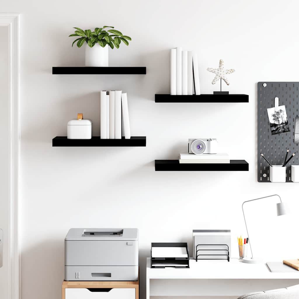 4 db magasfényű fekete MDF lebegő fali polc 50 x 23,5 x 3,8 cm