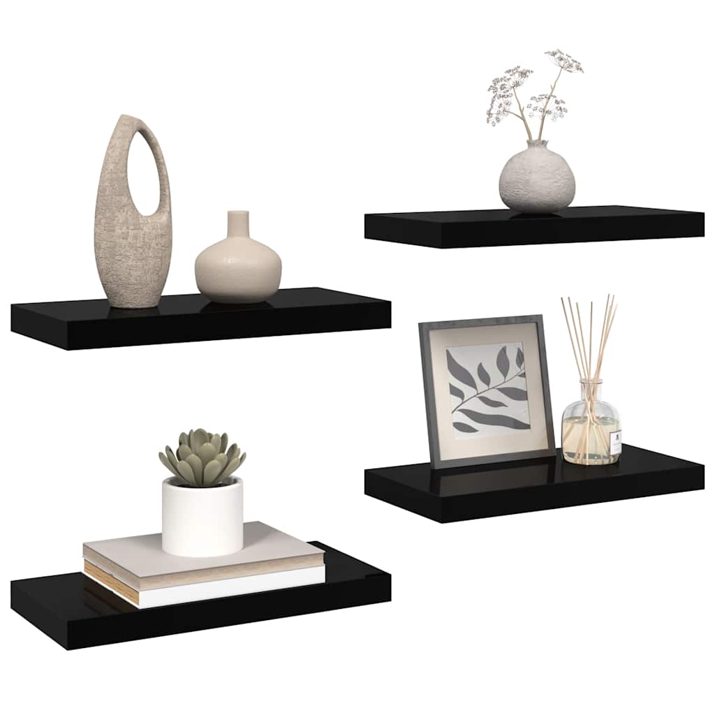 4 db magasfényű fekete MDF lebegő fali polc 50 x 23,5 x 3,8 cm