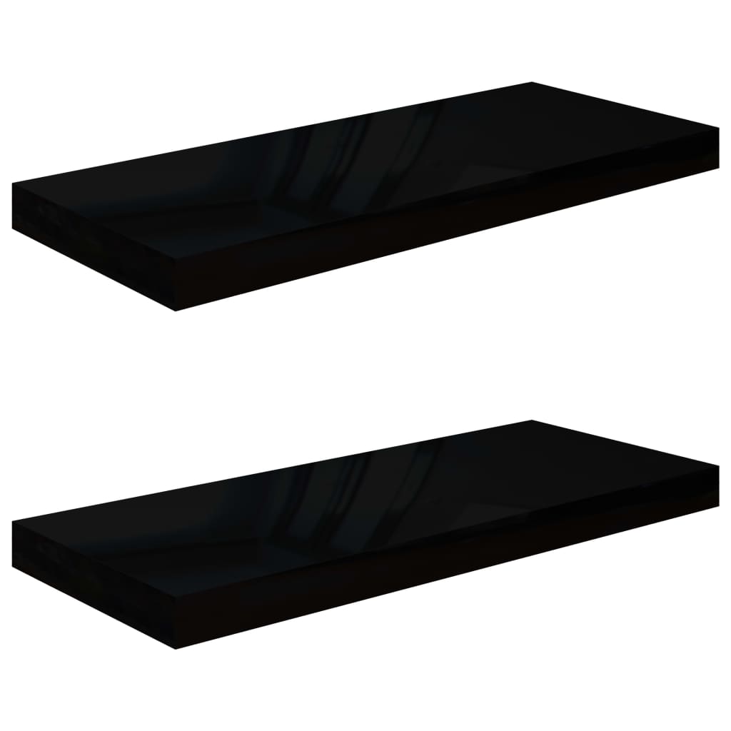 2 db magasfényű fekete MDF lebegő fali polc 60 x 23,5 x 3,8 cm