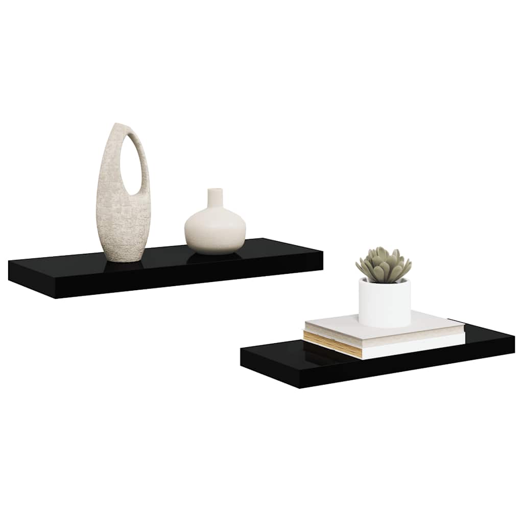 2 db magasfényű fekete MDF lebegő fali polc 60 x 23,5 x 3,8 cm