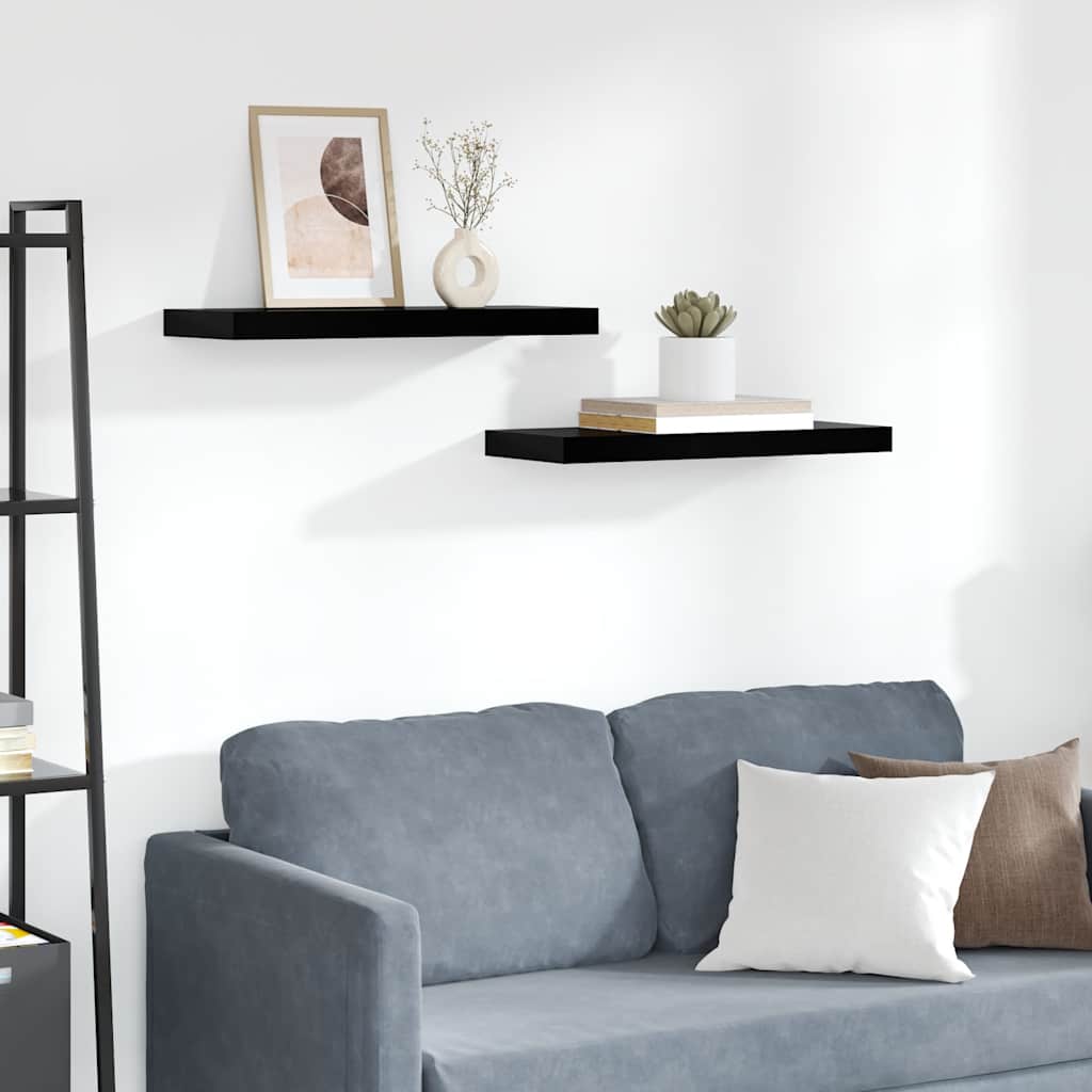 2 db magasfényű fekete MDF lebegő fali polc 60 x 23,5 x 3,8 cm