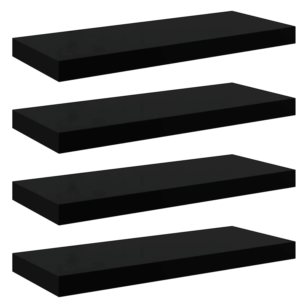 4 db magasfényű fekete MDF lebegő fali polc 60 x 23,5 x 3,8 cm