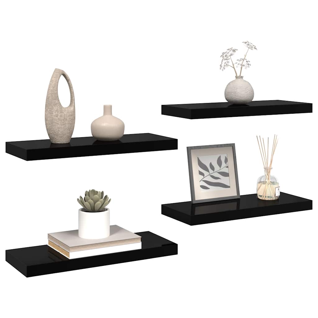 4 db magasfényű fekete MDF lebegő fali polc 60 x 23,5 x 3,8 cm