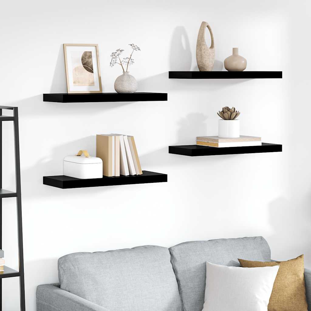 4 db magasfényű fekete MDF lebegő fali polc 60 x 23,5 x 3,8 cm