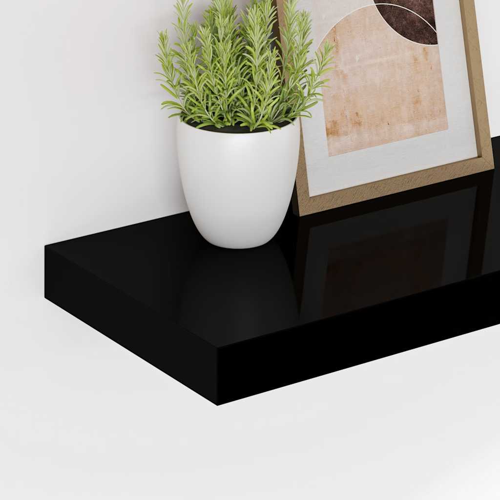 2 db magasfényű fekete MDF lebegő fali polc 80 x 23,5 x 3,8 cm