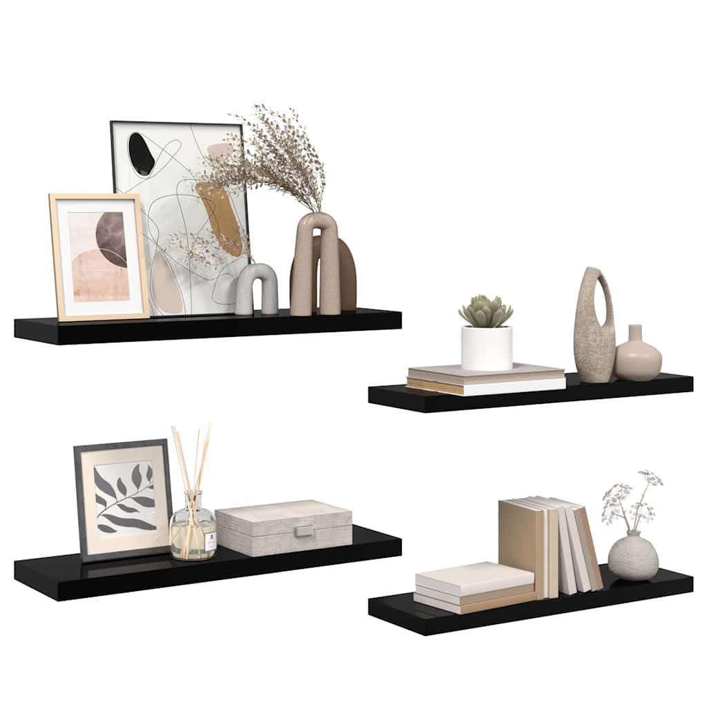 4 db magasfényű fekete MDF lebegő fali polc 80 x 23,5 x 3,8 cm