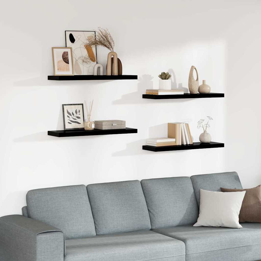 4 db magasfényű fekete MDF lebegő fali polc 80 x 23,5 x 3,8 cm