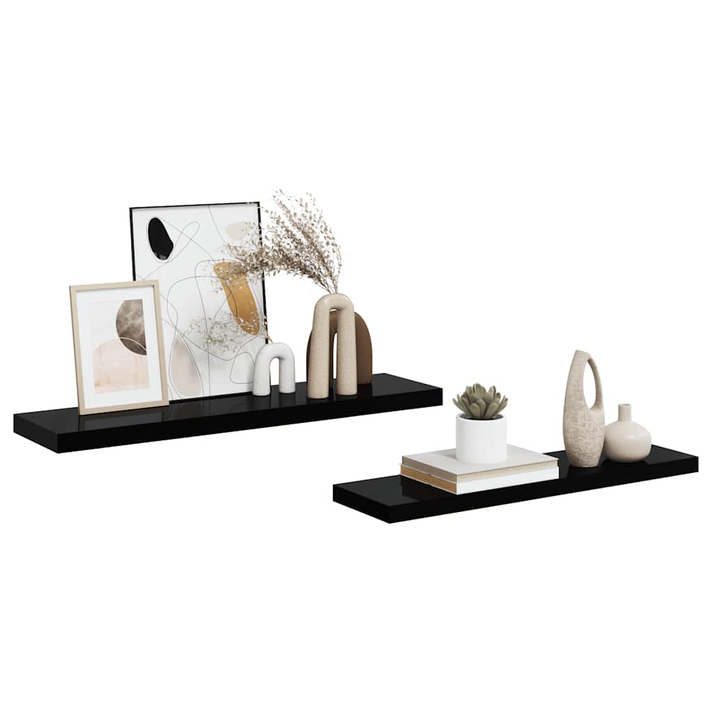 2 db magasfényű fekete MDF lebegő fali polc 90 x 23,5 x 3,8 cm