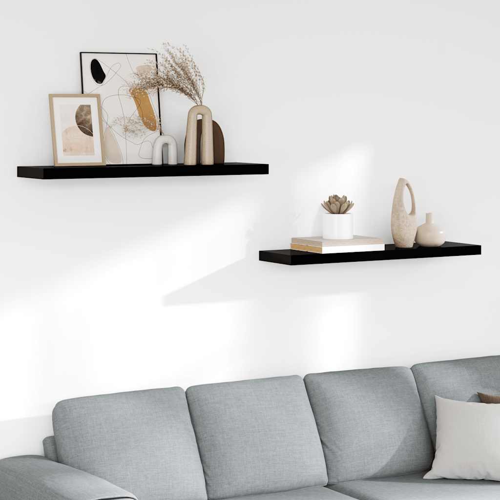 2 db magasfényű fekete MDF lebegő fali polc 90 x 23,5 x 3,8 cm