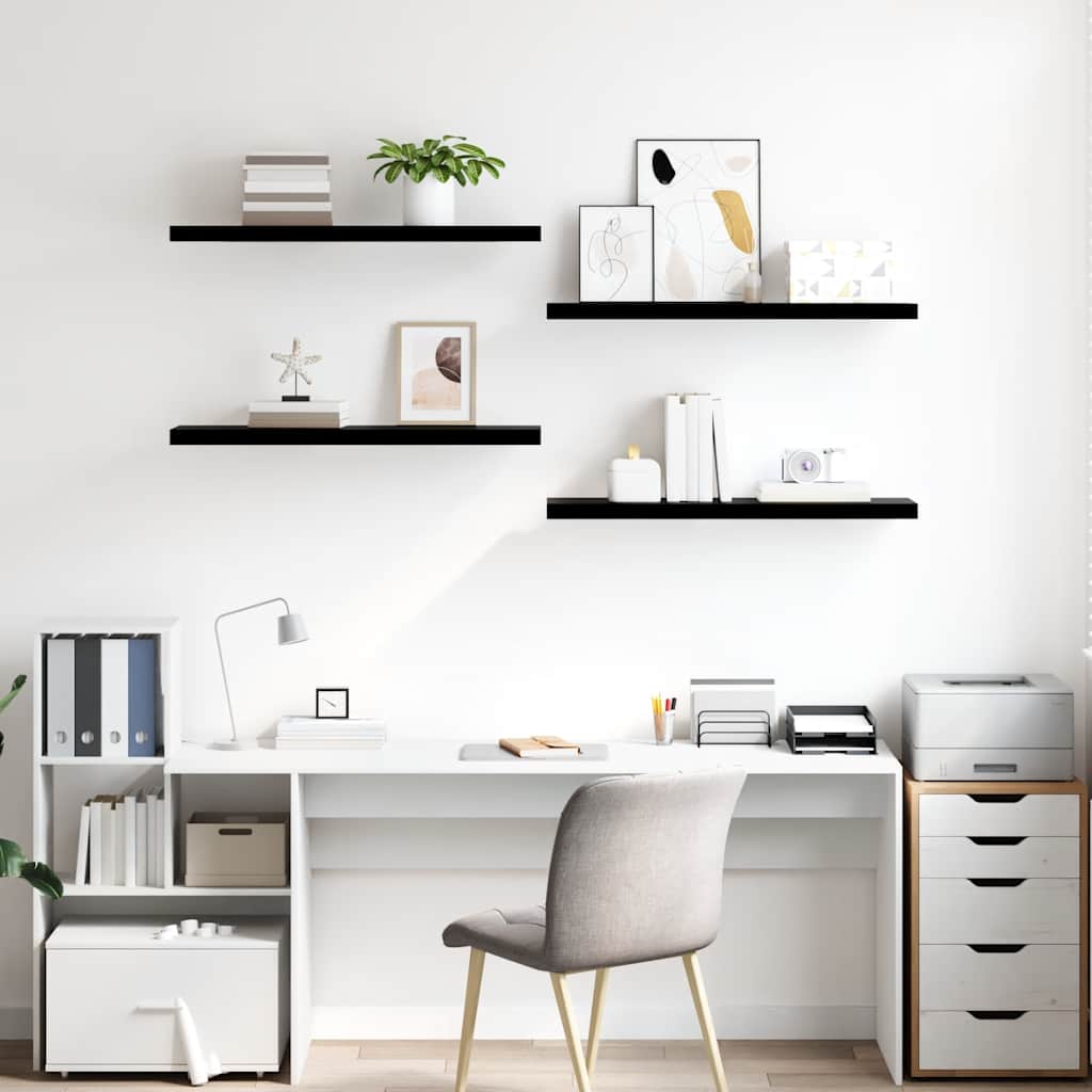 4 db magasfényű fekete MDF fali polc 90 x 23,5 x 3,8 cm