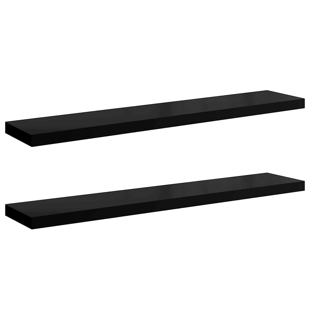 2 db magasfényű fekete MDF lebegő fali polc 120 x 23,5 x 3,8 cm