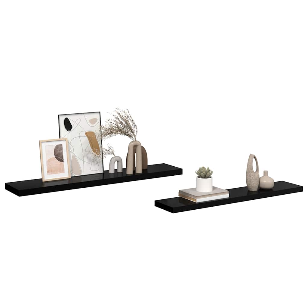 2 db magasfényű fekete MDF lebegő fali polc 120 x 23,5 x 3,8 cm