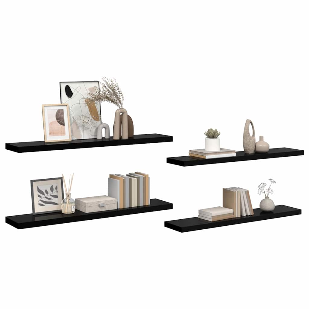 4 db magasfényű fekete MDF lebegő fali polc 120 x 23,5 x 3,8 cm