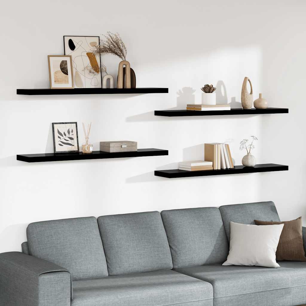 4 db magasfényű fekete MDF lebegő fali polc 120 x 23,5 x 3,8 cm