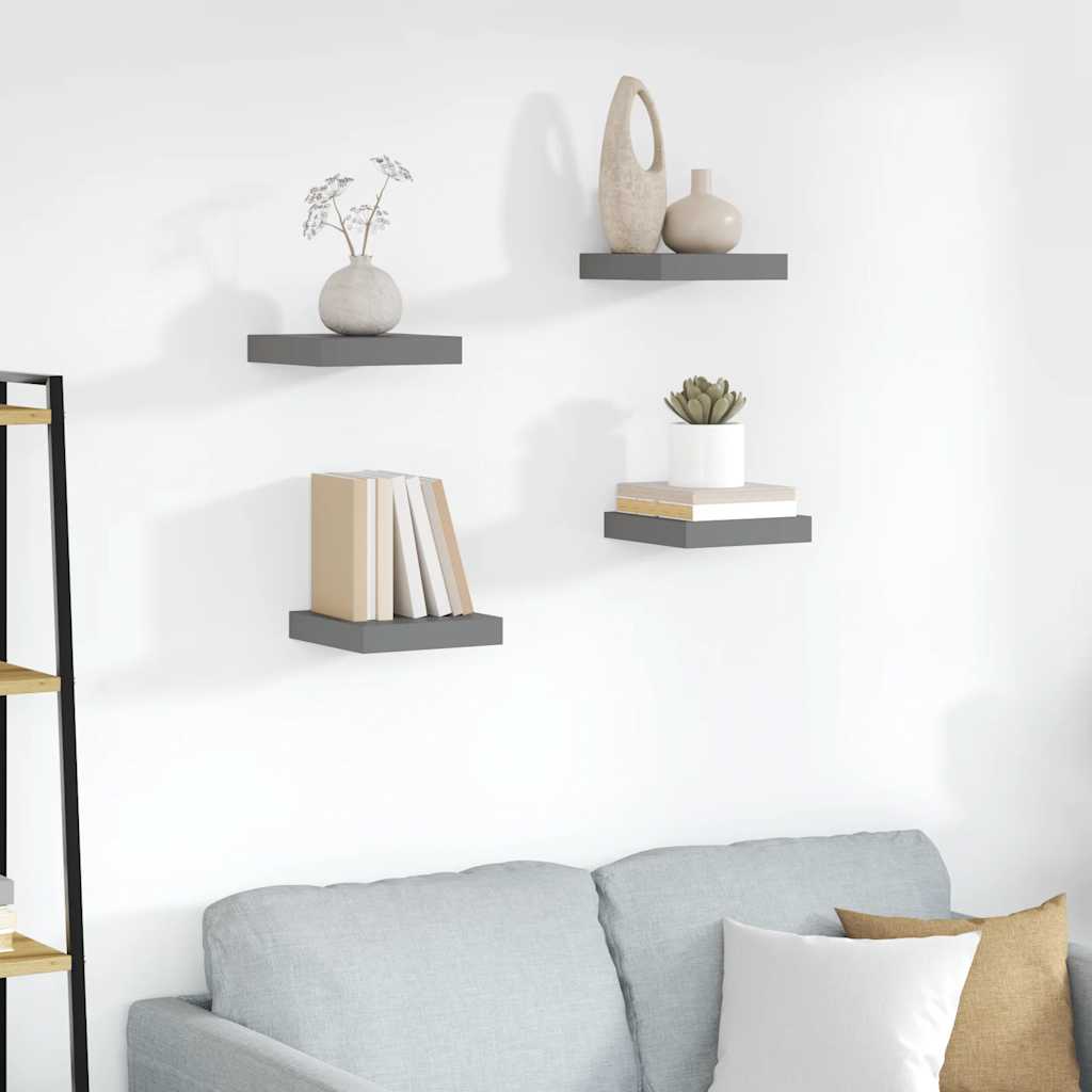4 db magasfényű szürke MDF lebegő fali polc 23 x 23,5 x 3,8 cm