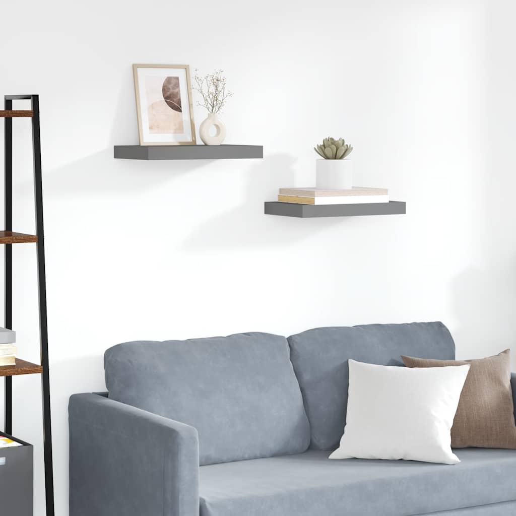 2 db magasfényű szürke MDF lebegő fali polc 40 x 23,5 x 3,8 cm