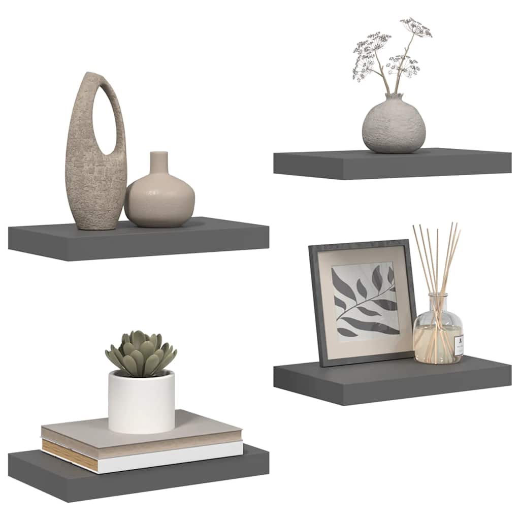 4 db magasfényű szürke MDF lebegő fali polc 40 x 23,5 x 3,8 cm