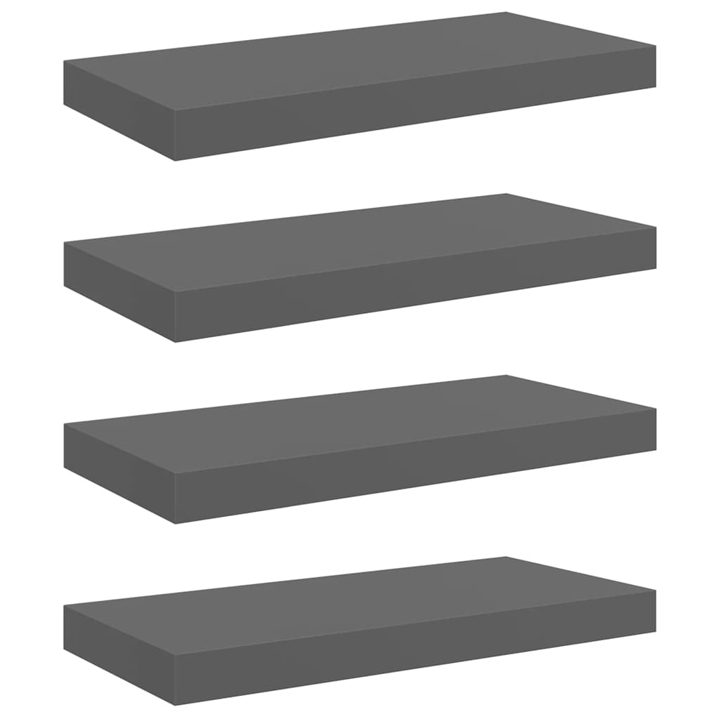 4 db magasfényű szürke MDF lebegő fali polc 50 x 23,5 x 3,8 cm
