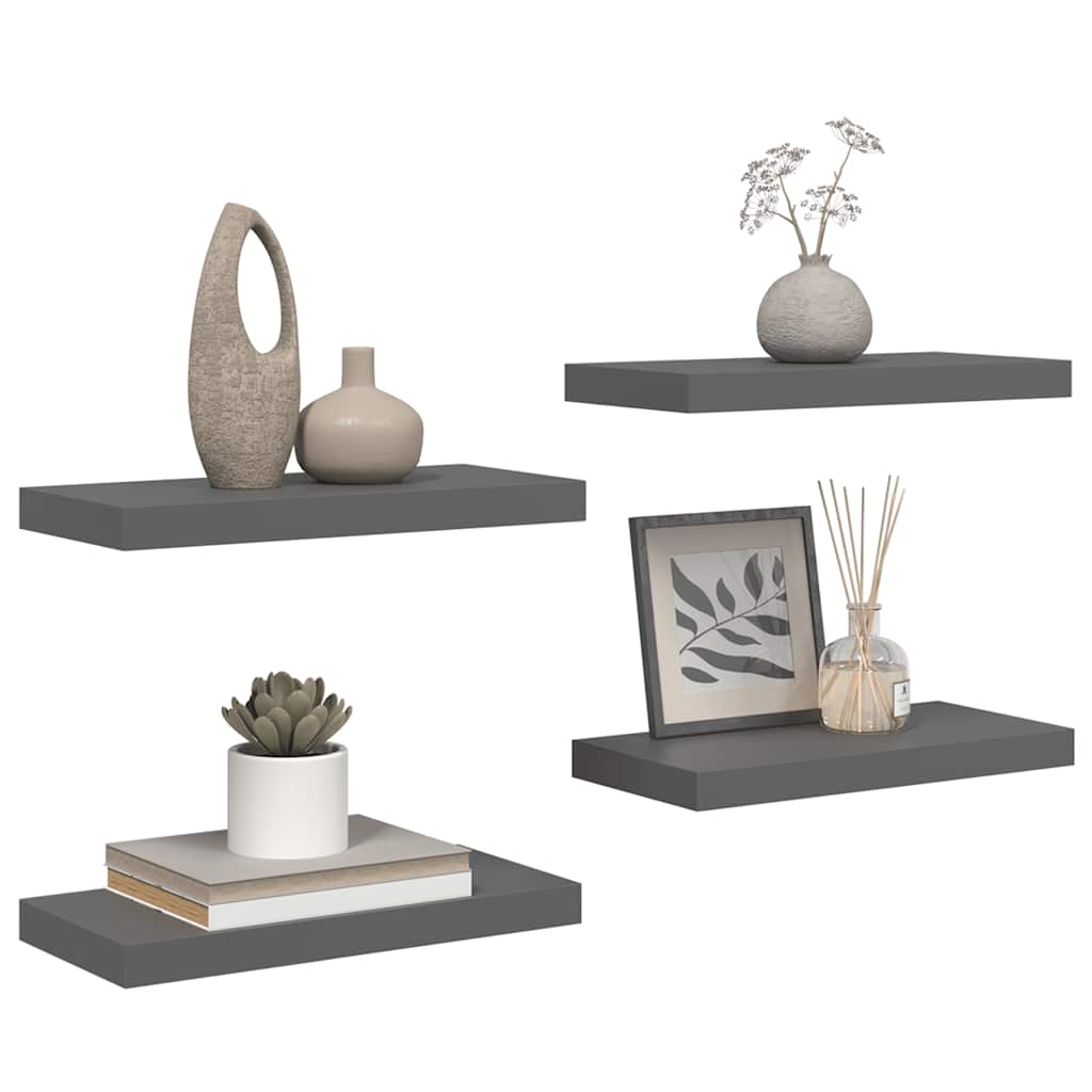 4 db magasfényű szürke MDF lebegő fali polc 50 x 23,5 x 3,8 cm