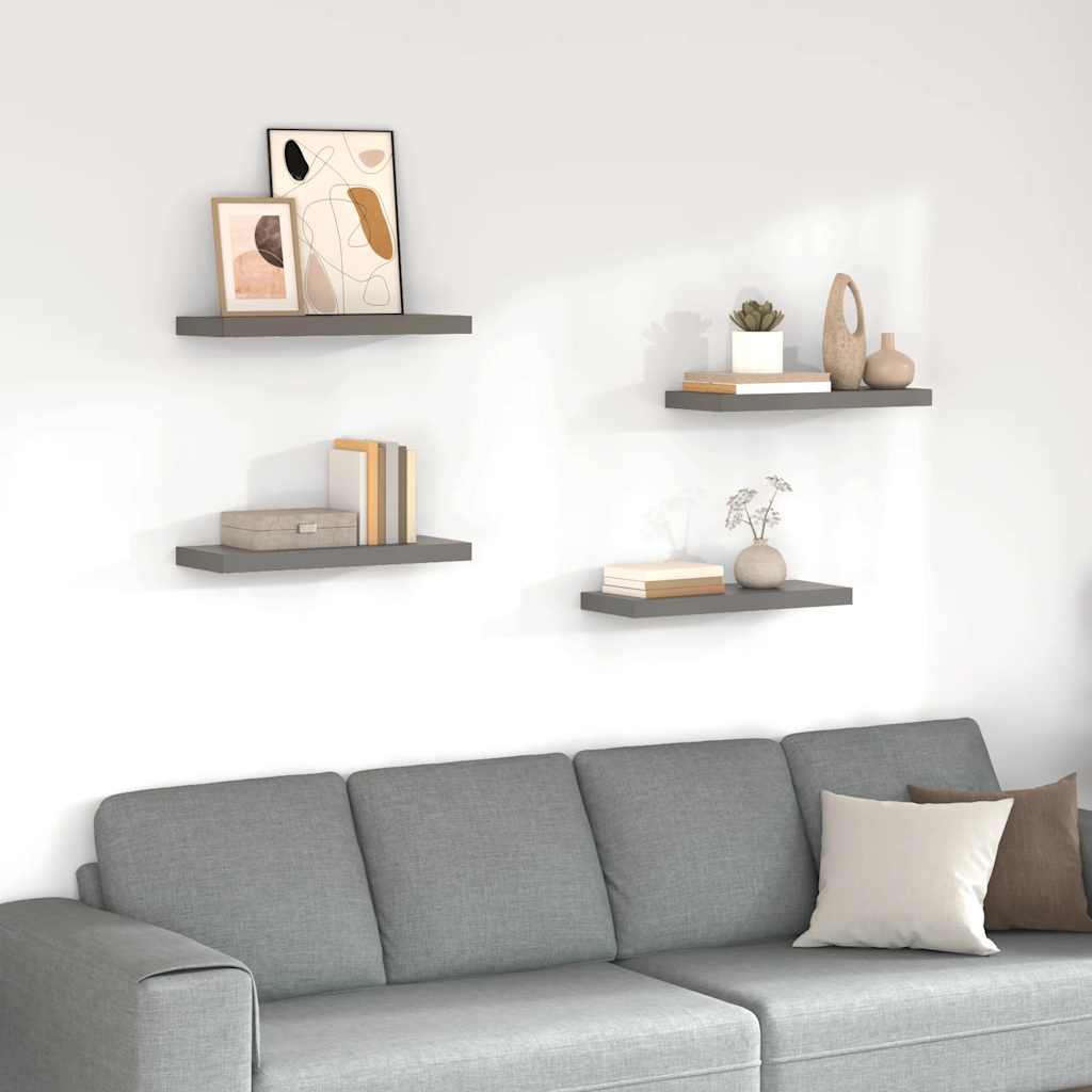 4 db magasfényű szürke MDF lebegő fali polc 60 x 23,5 x 3,8 cm