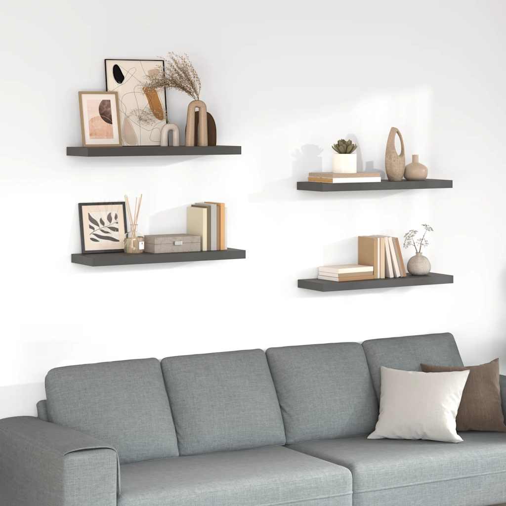 4 db magasfényű szürke MDF lebegő fali polc 80 x 23,5 x 3,8 cm