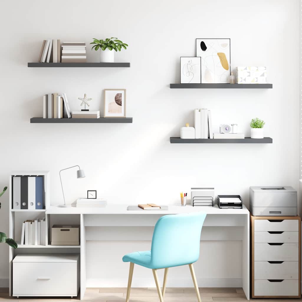 4 db magasfényű szürke MDF lebegő fali polc 90 x 23,5 x 3,8 cm
