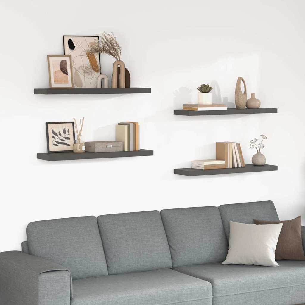 4 db magasfényű szürke MDF lebegő fali polc 90 x 23,5 x 3,8 cm