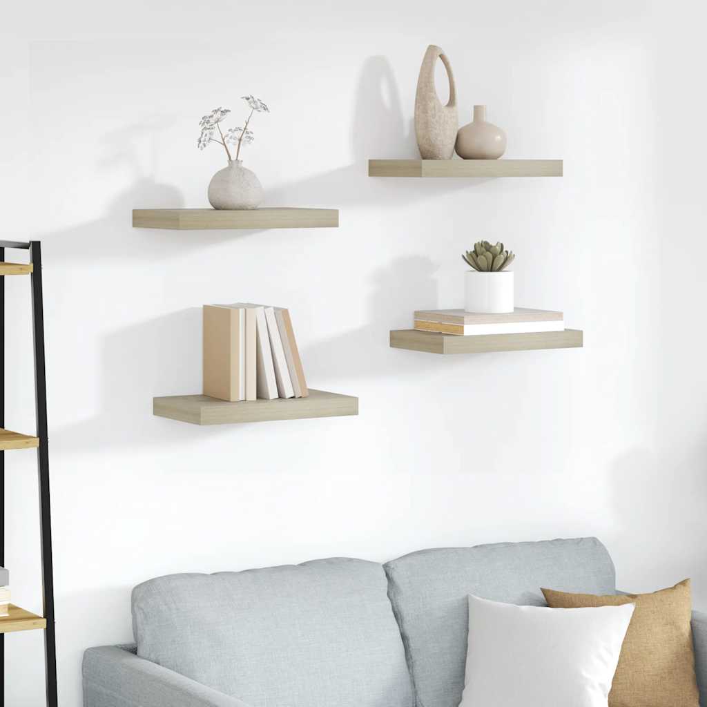 4 db tölgyszínű MDF lebegő fali polc 40 x 23,5 x 3,8 cm