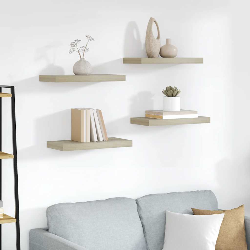 4 db tölgyszínű MDF lebegő fali polc 50 x 23 x 3,8 cm