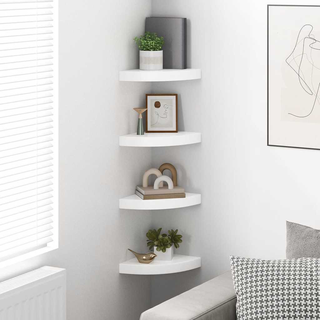 4 db magasfényű fehér MDF lebegő sarokpolc 25 x 25 x 3,8 cm