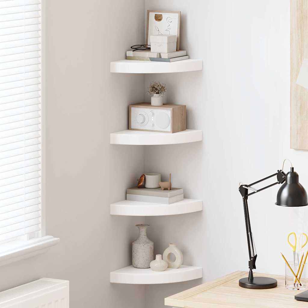 4 db magasfényű fehér MDF lebegő sarokpolc 25 x 25 x 3,8 cm