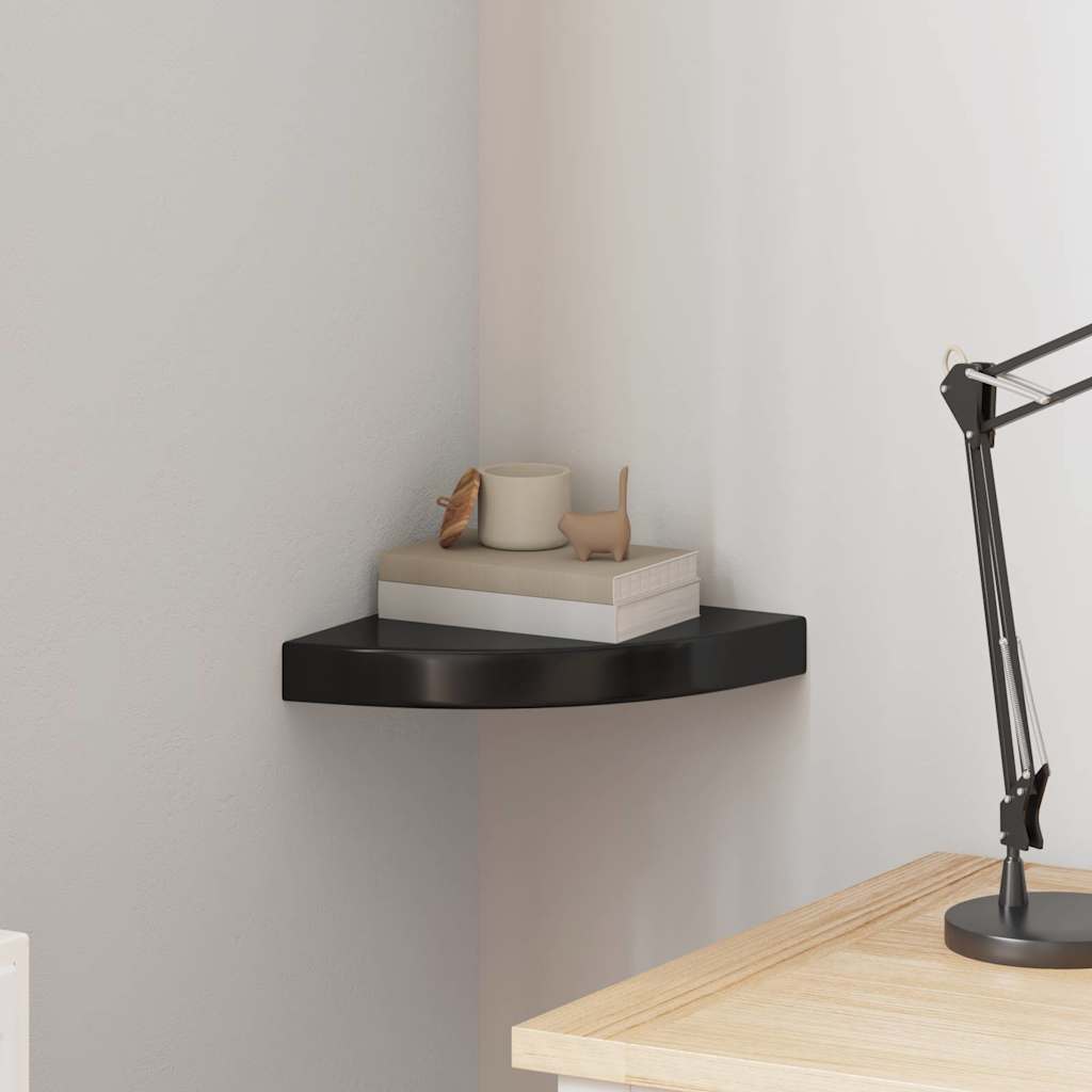 magasfényű fekete MDF lebegő sarokpolc 25 x 25 x 3,8 cm