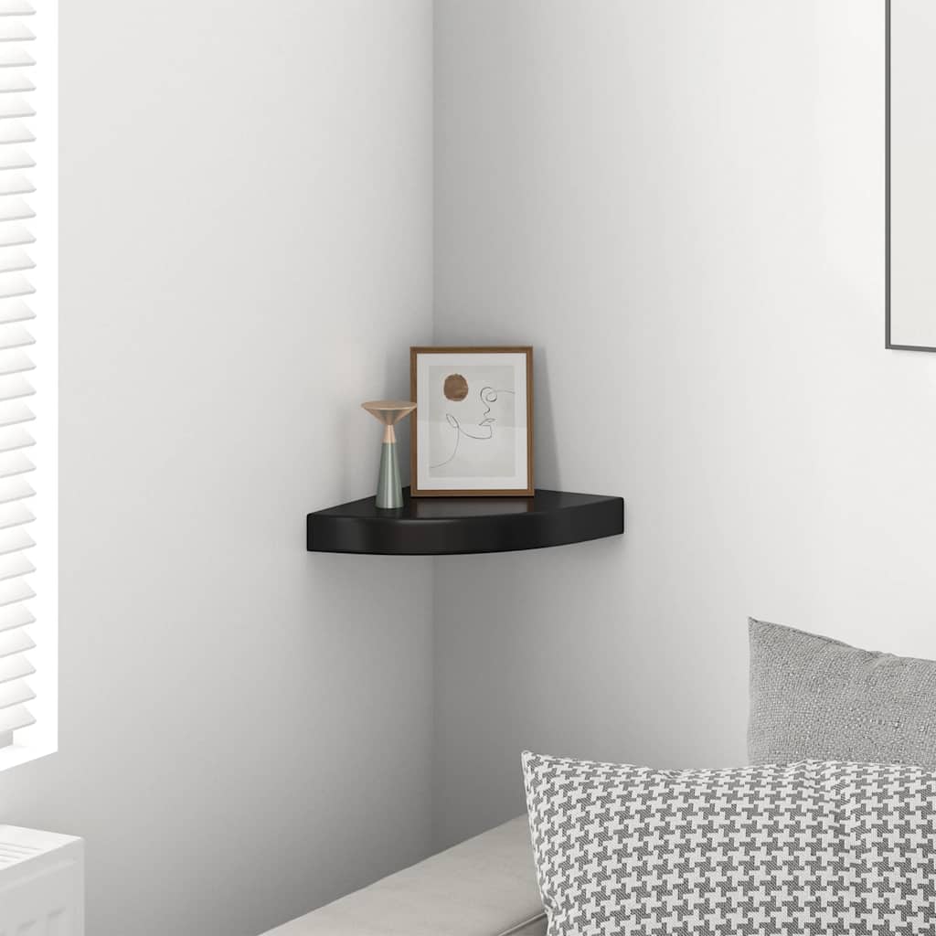 magasfényű fekete MDF lebegő sarokpolc 25 x 25 x 3,8 cm