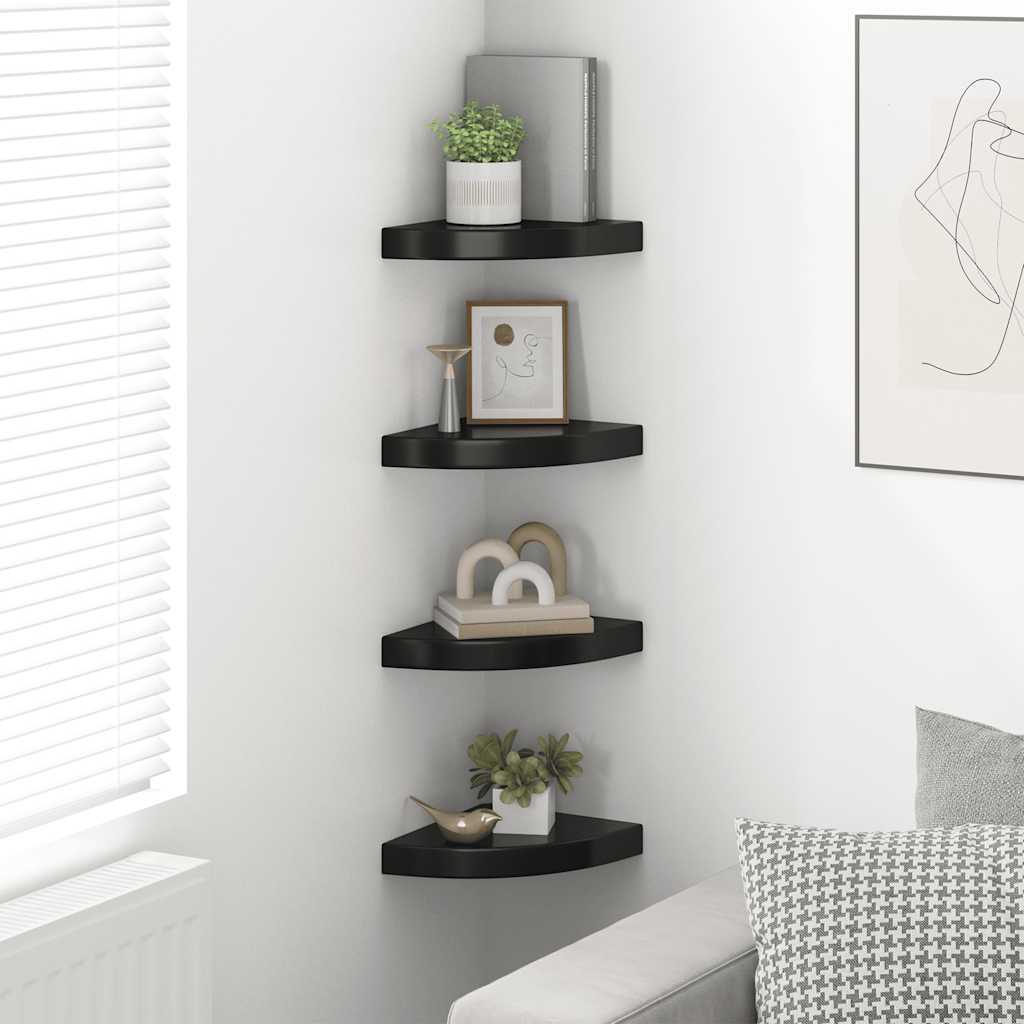 4 db magasfényű fekete MDF lebegő sarokpolc 25 x 25 x 3,8 cm