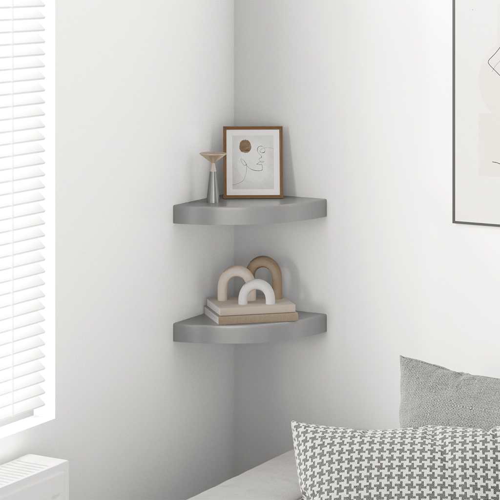 2 db magasfényű szürke MDF lebegő sarokpolc 25 x 25 x 3,8 cm