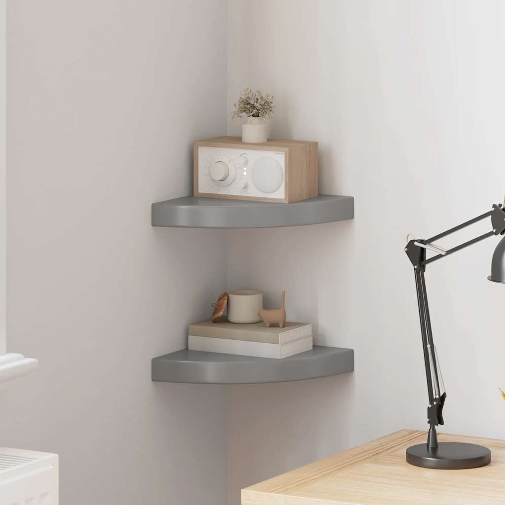 2 db magasfényű szürke MDF lebegő sarokpolc 25 x 25 x 3,8 cm