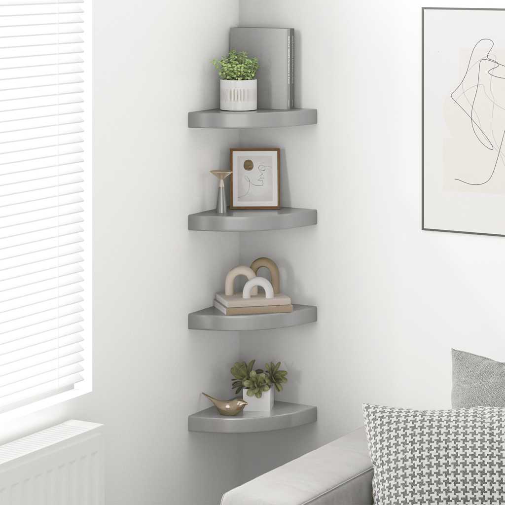 4 db magasfényű szürke MDF lebegő sarokpolc 25 x 25 x 3,8 cm