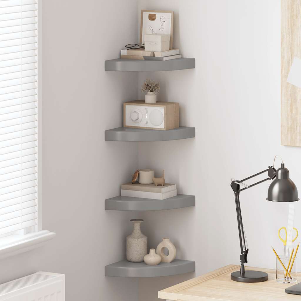 4 db magasfényű szürke MDF lebegő sarokpolc 25 x 25 x 3,8 cm