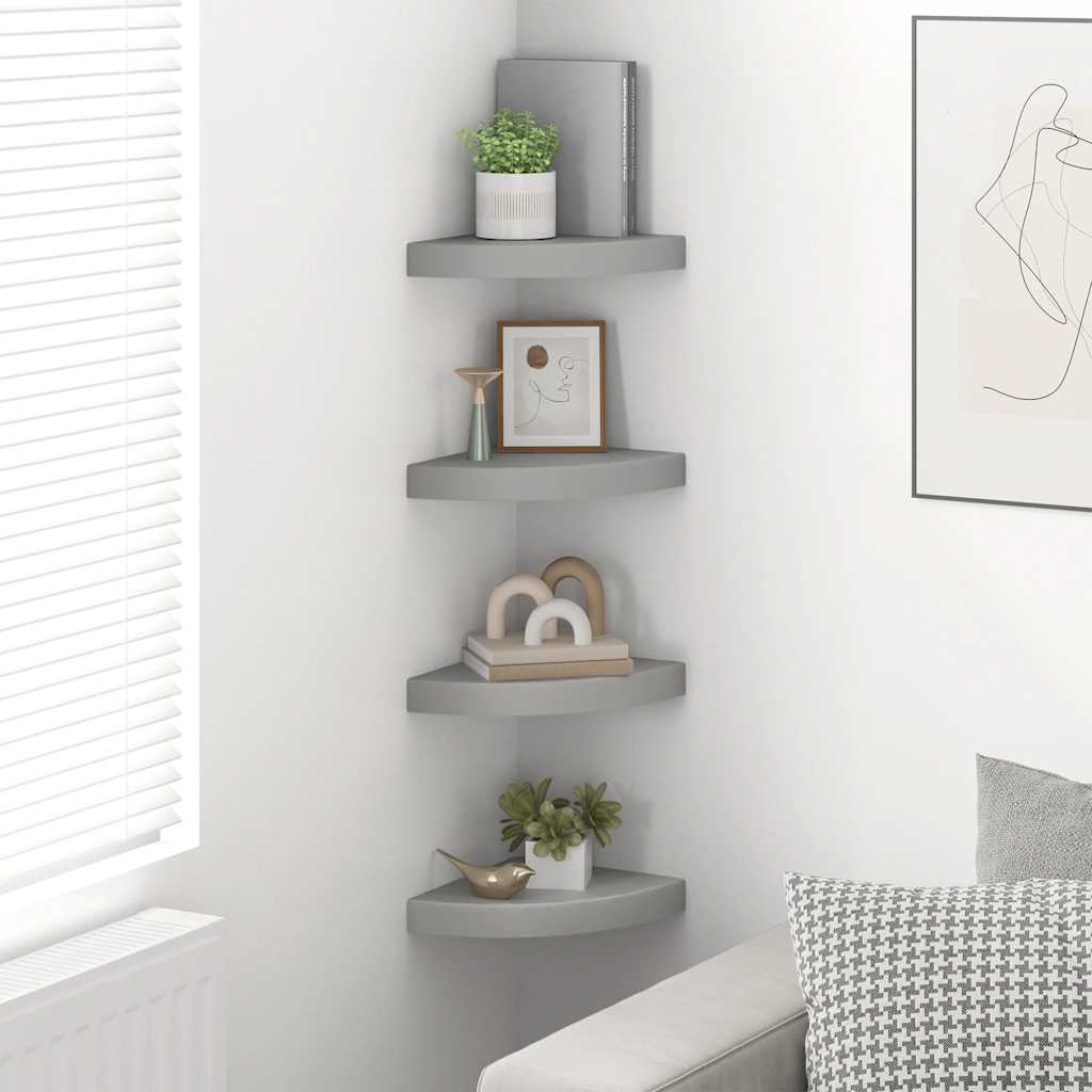 4 db szürke MDF lebegő sarokpolc 25 x 25 x 3,8 cm