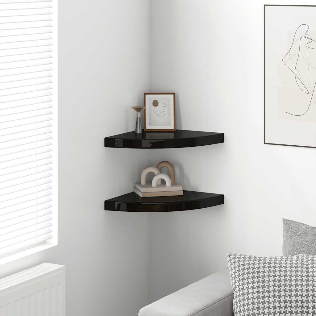 2 db magasfényű fekete MDF lebegő sarokpolc 35 x 35 x 3,8 cm
