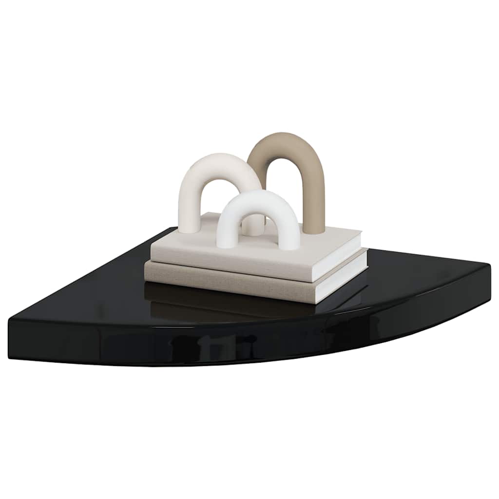 2 db magasfényű fekete MDF lebegő sarokpolc 35 x 35 x 3,8 cm