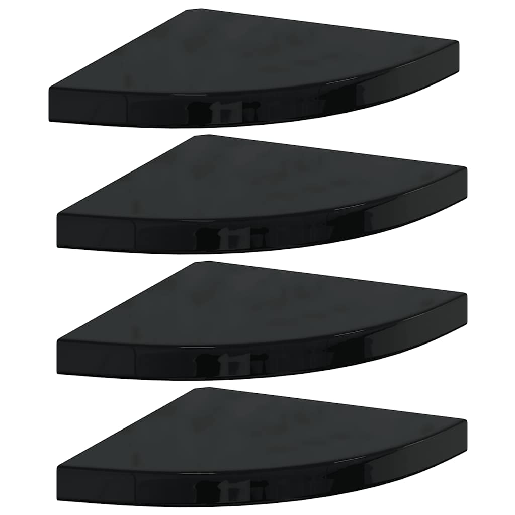 4 db magasfényű fekete MDF lebegő sarokpolc 35 x 35 x 3,8 cm